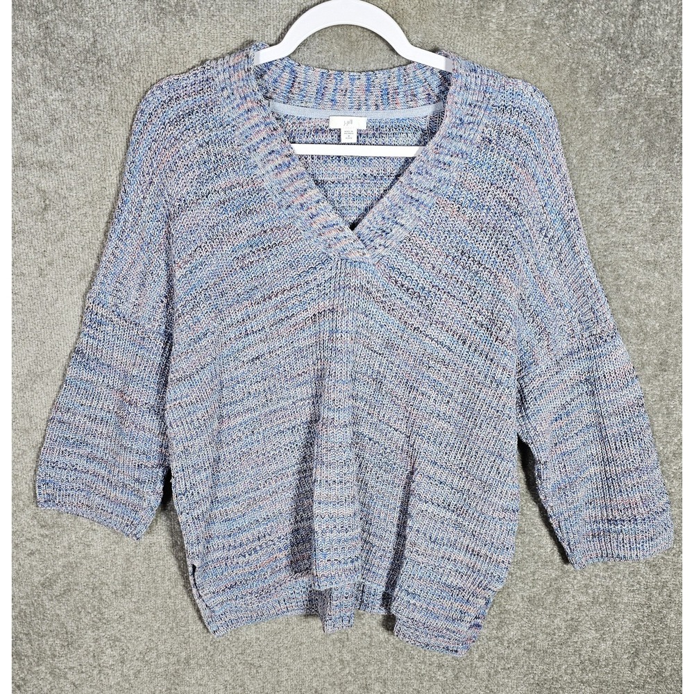 J Jill Drop Shoulder V-Neck Sweater Womens Size MP Blue Pink Purple Spacedye VTG